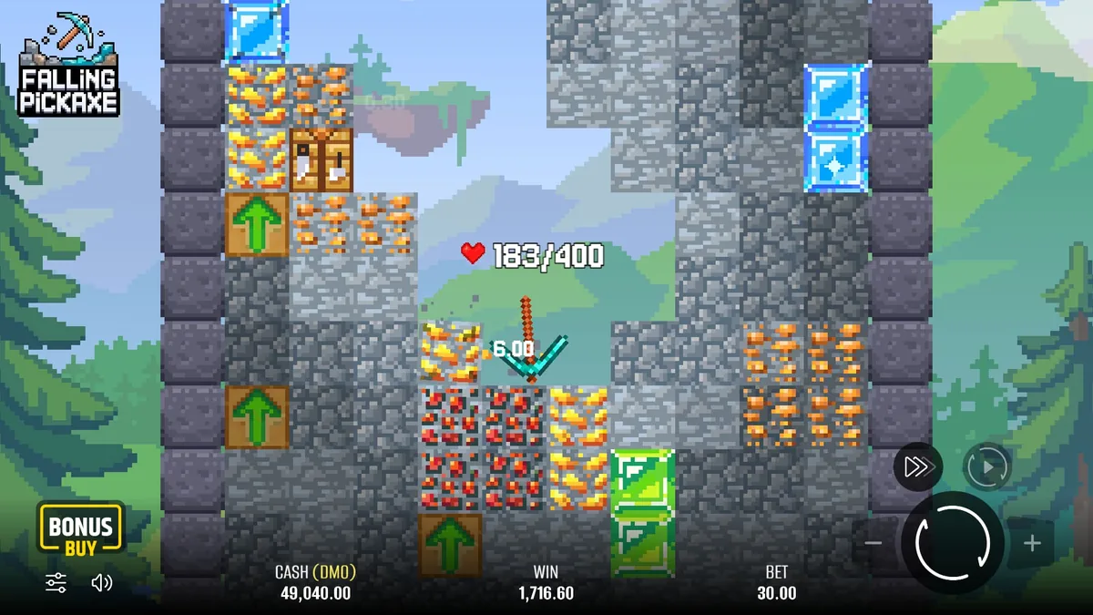 Descente en cours dans Falling Pickaxe : blocs d'or, de redstone et de diamant révélés, gain affiché en bas d'écran